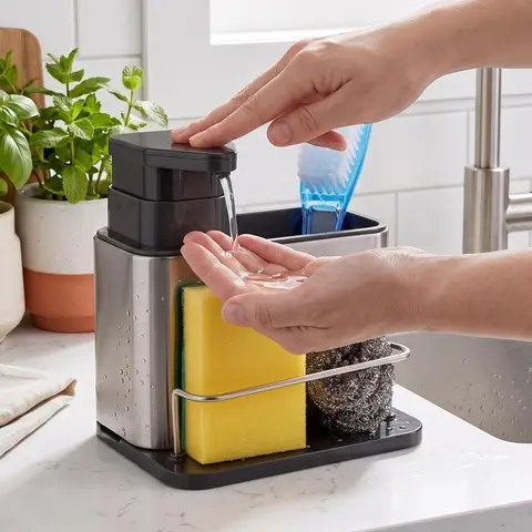 Mickey Corrosion-Resistant Press-Type 3-in-1 Leak-Proof Hand & Dish Soap Dispenser Set - Multifunctional Soap Canister, Sponge Holder, Tray, Kitchen Sink Countertop Organizer That Keeps Kitchen Organized (Black)