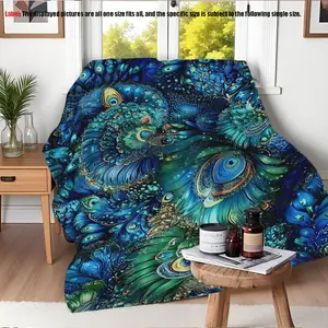 Vibrant Peacock Feather Flannel Blanket, Soft Comfortable Bed Blanket, Artistic Design, All Seasons, Winter Warmth, Indoor Outdoor Use
