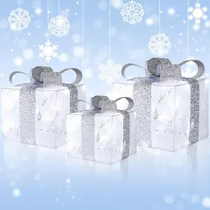 Christmas Lighted up Gift Boxes Decoration Set for Outdoor Indoor Display with White LED Lights for Christmas Tree Decor Addition