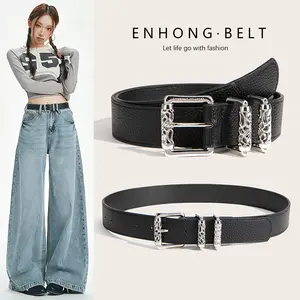 Edgy Y2K Gothic Cross Embossed White Leather Belt, Silver Hardware Punk Streetwear Waist Belt, Adjustable Unisex Pebbled Pattern Roller Belt with Detailed Buckles, Trendy Youth Style Statement Fashion Accessory for Jeans & Street Outfits