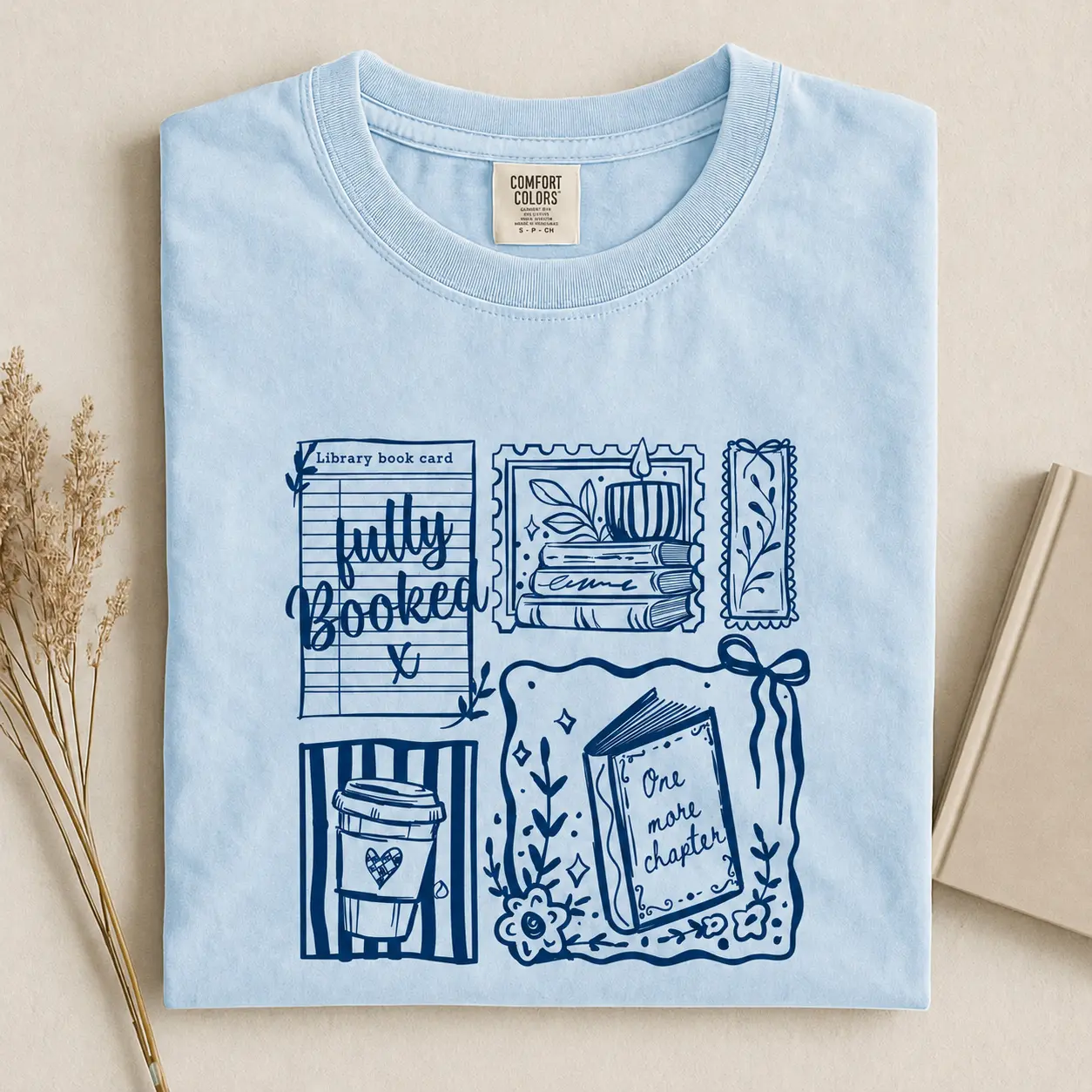 Fully Booked Shirt, One More Chapter Bookish Doodle Graphic Tee, Breathable Cotton Unisex Casual Vintage Printed Reader T-Shirt, Book Lover Library Coffee Gift Top