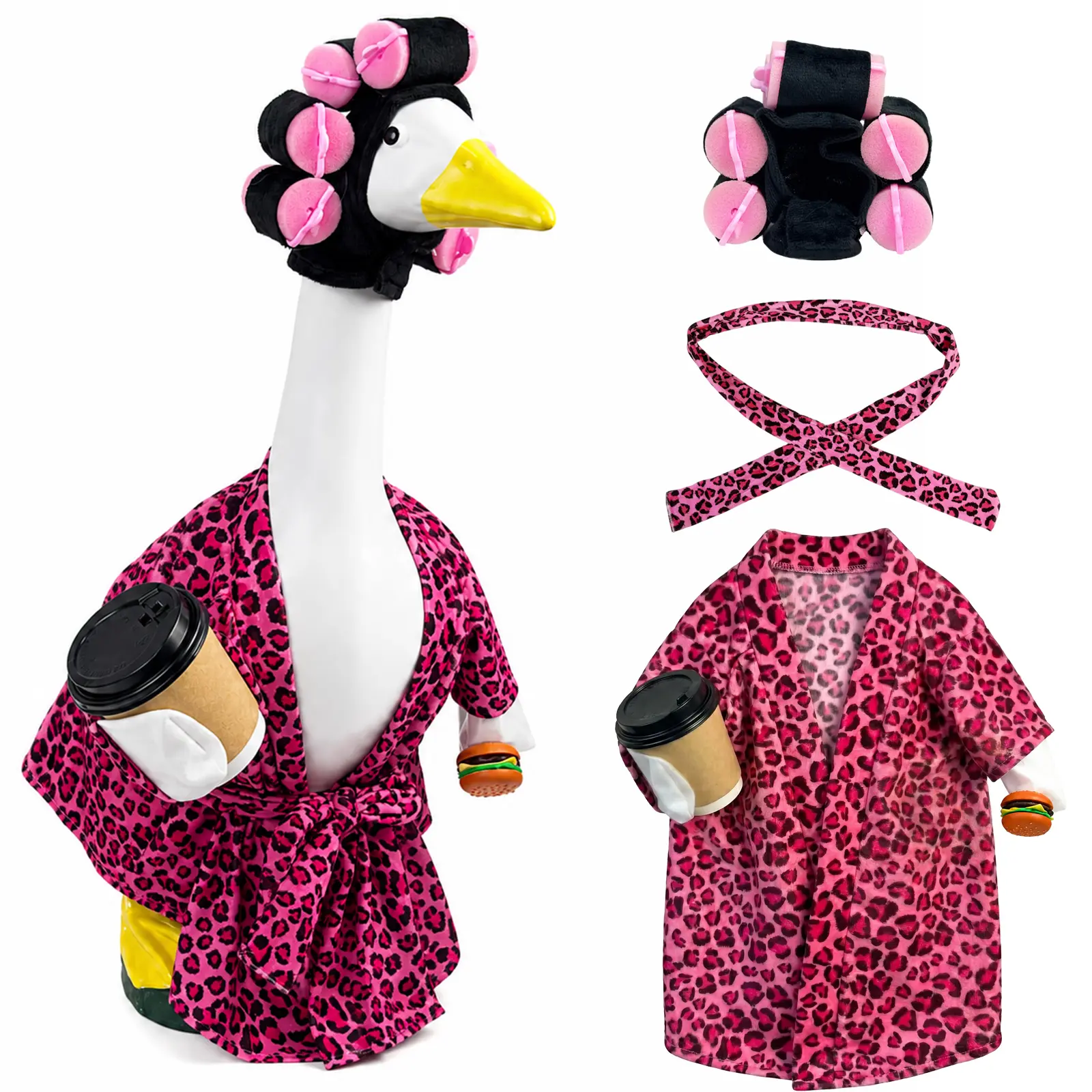 3-Piece Porch Goose Costume Red Leopard Print Bathrobe Outfit with Hair Curler Hood and Waist Tie Belt for Decorative Garden Goose Statues and Outdoor Decorcement goose statue
