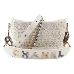 Pre-owned CHANEL Leather & Wool Shoulder Bags Gabrielle Hobo with Logo Handle Laser Cut Calfskin and Wool Felt Small Shoulder Bag
