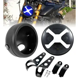 5.75" X-Style Blue DRL Headlight with Housing Mount Brackets for Shadow 750 - High-Quality Aluminum Alloy, 98% Transmittance, Waterproof, 6000 lm Brightness, Universal Fit for Various Motorcycles