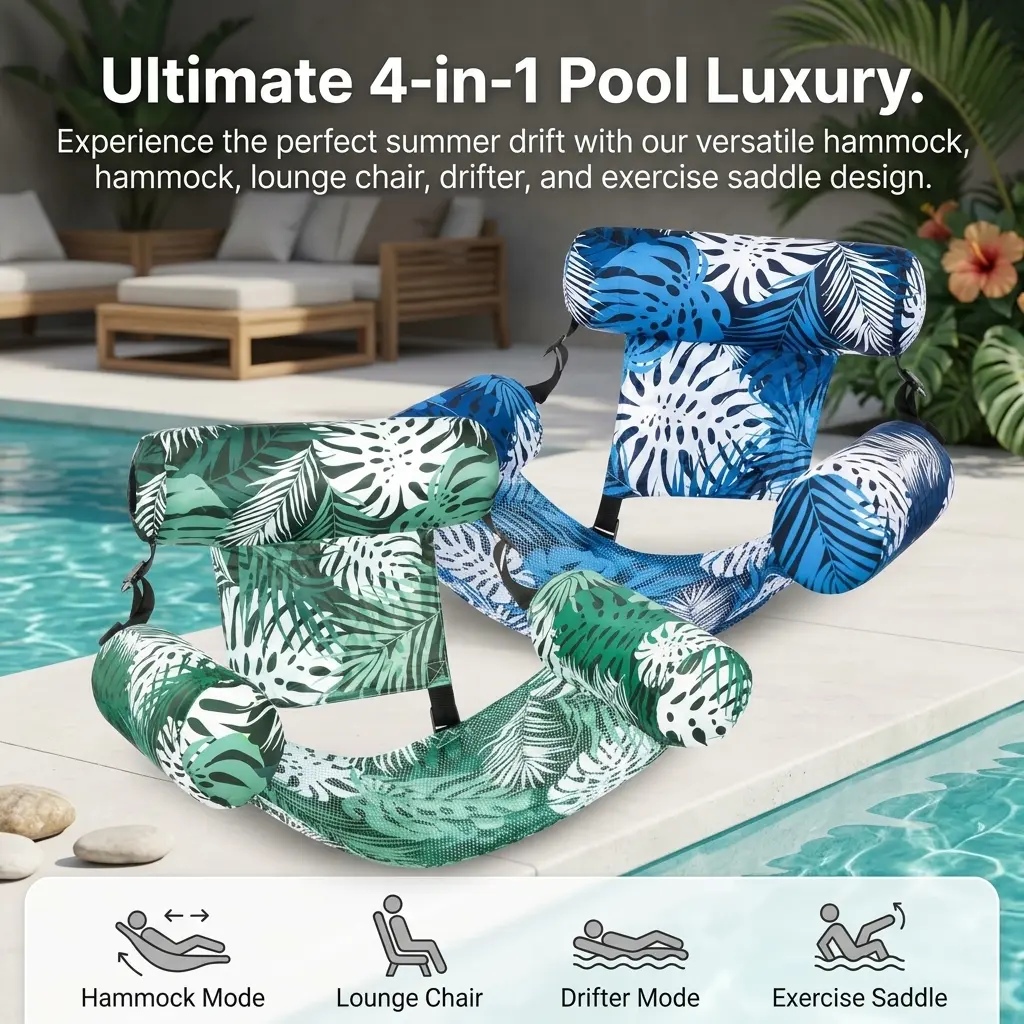 2 Pack Tropical Monstera Inflatable Tanning Lounger, Heavy Duty Wear Resistant Floating Water Hammock With Padded Backrest, Quick Dry Mesh Pool Recliner For Adult Backyard Pool Lake Summer Pool Party Supplies   Blue & Green Combo, Hand Air Pump Included