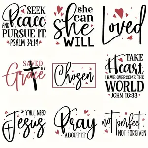 9-Piece Inspirational Jesus & Bible Pattern Heat Transfer Stickers, DIY Craft Clothing Decals, T-Shirt Making, Pillow Decorations, Fashion Accessories