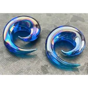 PAIR of Stunning Blue Lucifer Glass Spiral Taper Plugs - Expanders Gauges