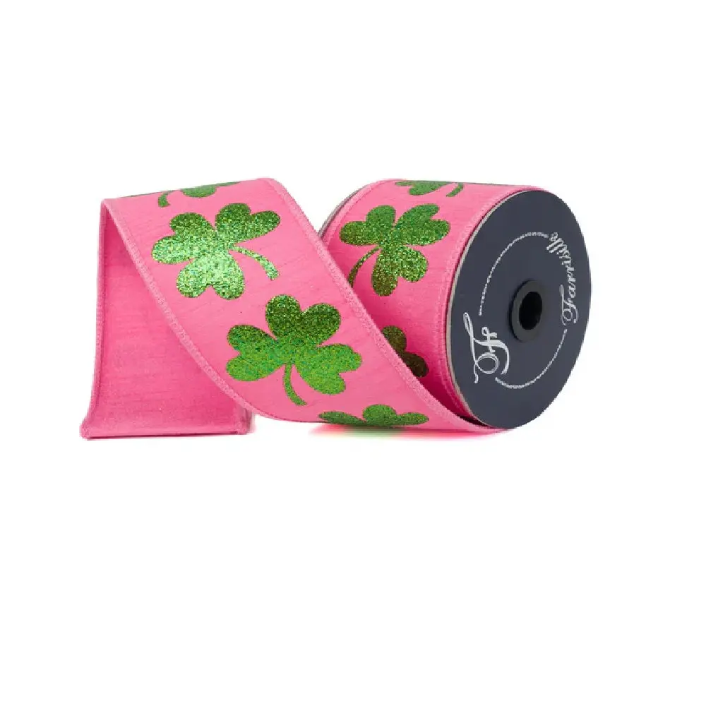 Pink Sparkling Shamrocks Ribbon, 2.5"X1YD
