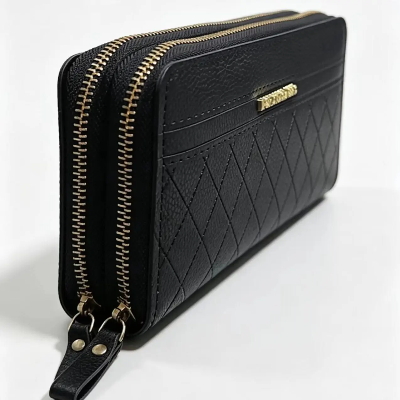 Women's Rectangular PU Leather Black Quilted Long Zip-Around Wallet - Detachable Wristlet Card Holder Clutch Purse, Wallets for Women