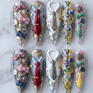 3D Suit Tie Press On Nails Business Theme Office Chic Statement Set with Bow Tie Clock Glasses Mini Charm Nails for Stylish Looks