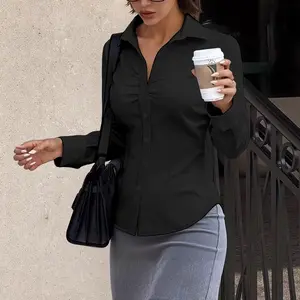 Solid Color Pleated Button-Up Long Sleeve Collared Shirt, a Stylish And Versatile Long Sleeve Top for Women