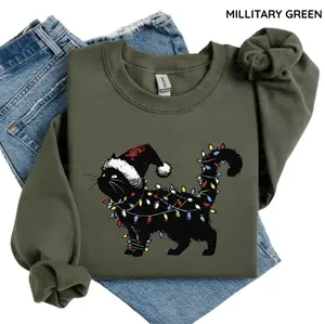 Black Cat Christmas Lights Sweatshirt, Funny Grumpy Cat Xmas Shirt, Cute Holiday Cat Lover Top, Winter Gift for Cat Moms, Christmas Gifts, Full Colors