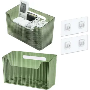 Set Of 2 Green Stackable Wall Mounted Shower Baskets Clear Plastic BPA Free Adhesive Hanging Storage Organizer Bins for Bathroom Kitchen