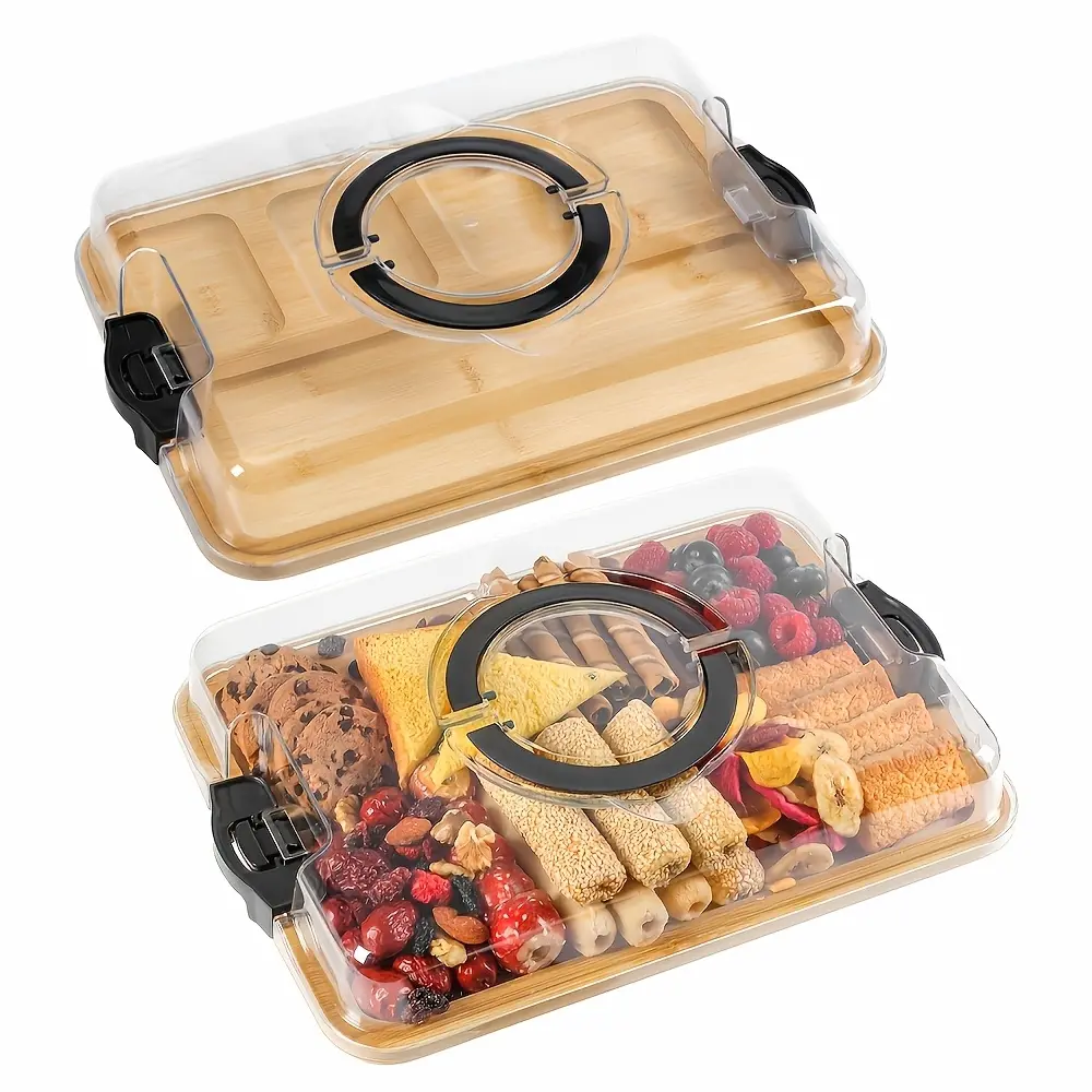 A Bamboo Tray with a Transparent Lid - Bamboo Charcuterie Cheese Board - Divided Tray with Handles And Locking Lid - 5 Compartments - Snack Tray - Portable Serving Platter - Suitable for Parties, Outdoor Picnics, Camping, And Gift Preparation