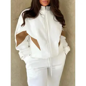 2 Piece Set Plus Size Women's Colorblock Long Sleeve Zipper Front Coat & Drawstring Joggers Outfits, Casual Outfits Set