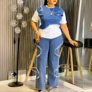 Women's Two-Piece Denim Set with Distressed Details and Flared Jeans for Casual Style