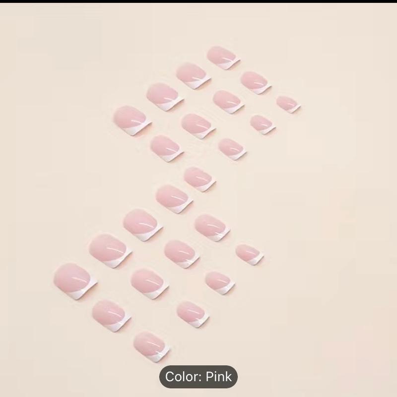 24pcs Glossy Short Square Fake Nails, White French Tip Press On Nails, Sweet Pink False Nails For Women Girls Daily Wear Nail Art Nail Care Nail Polish Polish Cutics Manicure Cosmetic Salon