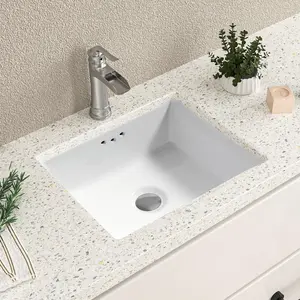 1pc 14 Inch Small Rectangle White Undermount Bathroom Sink, 13.78 x 12-inches Vanity Under Counter Lavatory Porcelain Ceramic Basin Vessel Sink with Overflow