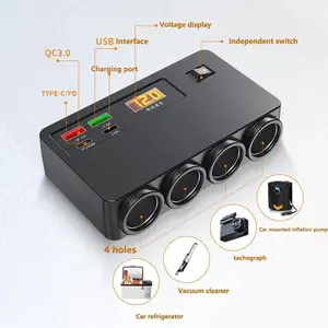 USB Car Charger Adapter 12V/24V Auto Power Splitter with QC3.0 & TYPE-C/PD Ports 2.4A Charging Voltage Display 4 Holes for Car Devices