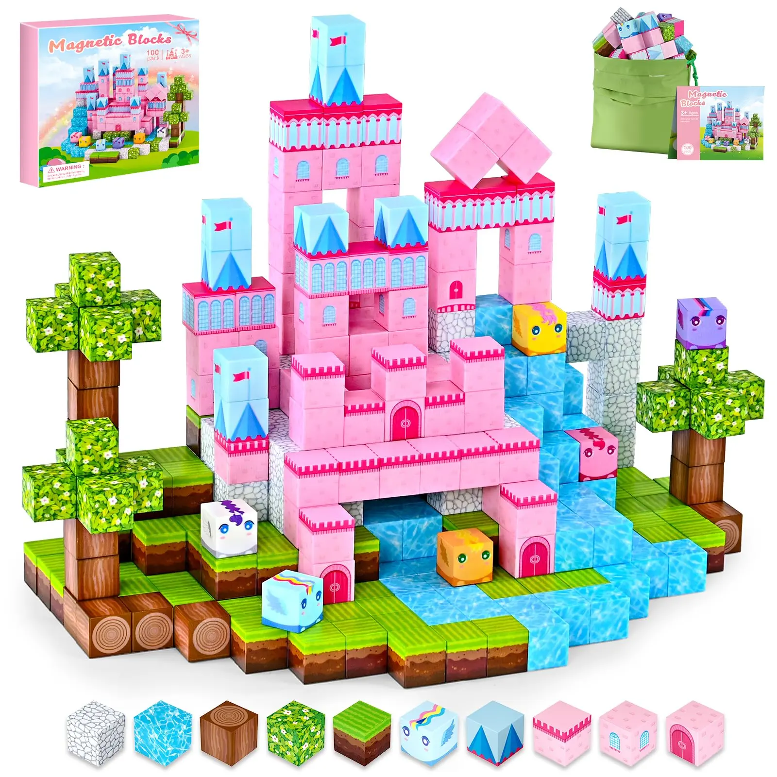 Pink Castle Magnetic Blocks, 100PCS Magnetic Building Cubes for Girls Boys, STEM Educational Toys for Girls Ages 3-8 Birthday Gift, Magnet Tiles Set, Montessori Stacking Toy, Toddlers Gifts, Class of 2026 Gift Idea, outdoorfun fathersdaygift