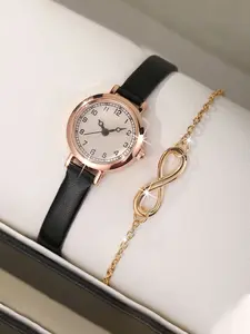 2PCS Women's Versatile, Simple, Compact, Fine Strap, Exquisite Leather Watch Quartz Watch