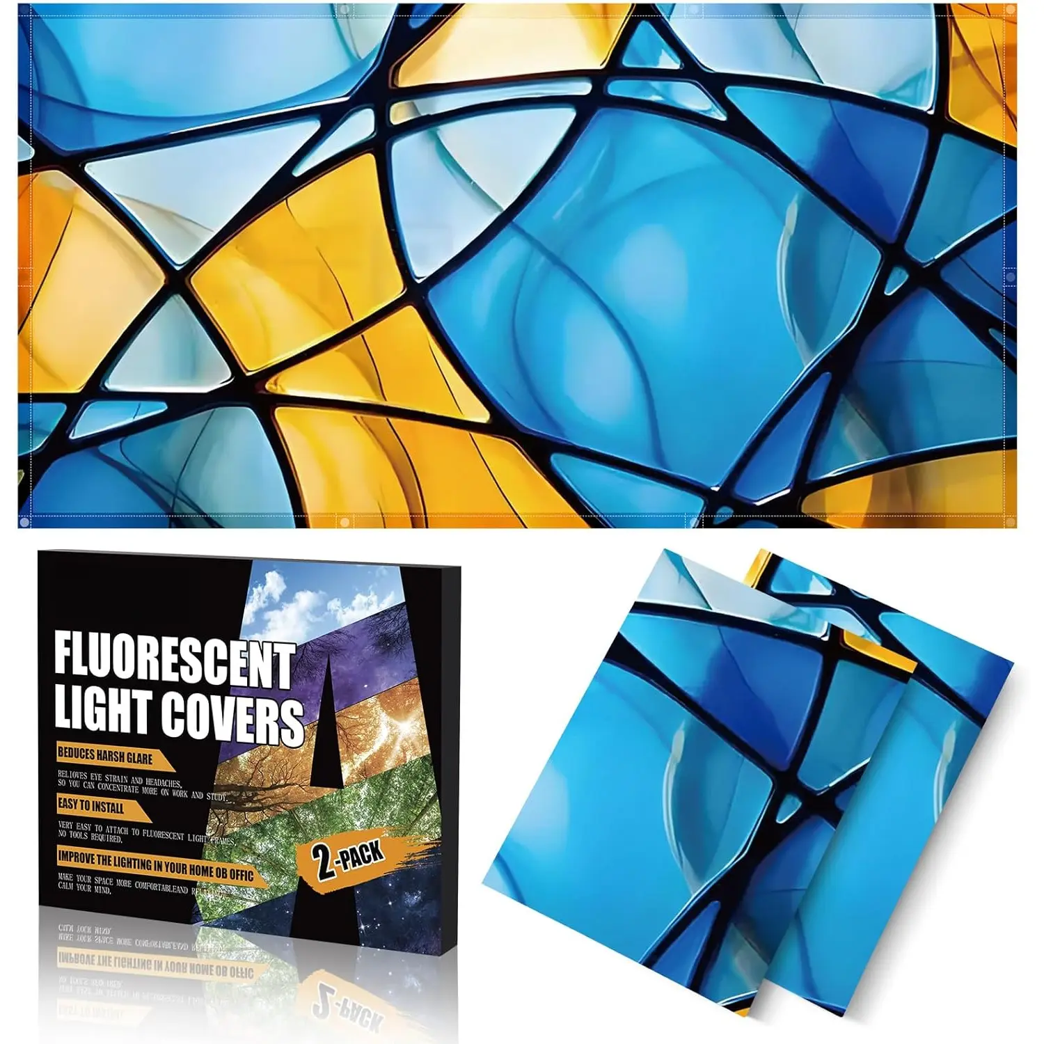 2 count Fluorescent Light Covers - 4 x 2  Covers for Ceiling Lights,  Light Filters for Classroom, Office, Hospitals,  (Colorful Art)