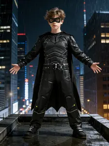 Boys' Costume Set: Luxury Chest Muscle Filler Bodysuit + Hooded Cape + Eye Mask + Printed Belt, Halloween Party