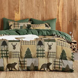 - Rustic Comforter Set, Cabin Christmas Theme with Bear Deer Patchwork, Soft Lightweight Bedding, 3 Pieces, Green Brown, Full Size