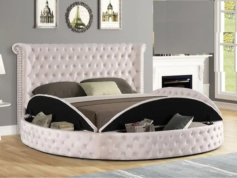 Willa Arlo Interiors Loden II Beige Velvet Queen Bed Set - Best Master YY138-BG, Tufted Round Design, Storage, 104" x 92" x 56" H, Cal King Compatible, Assembly Required