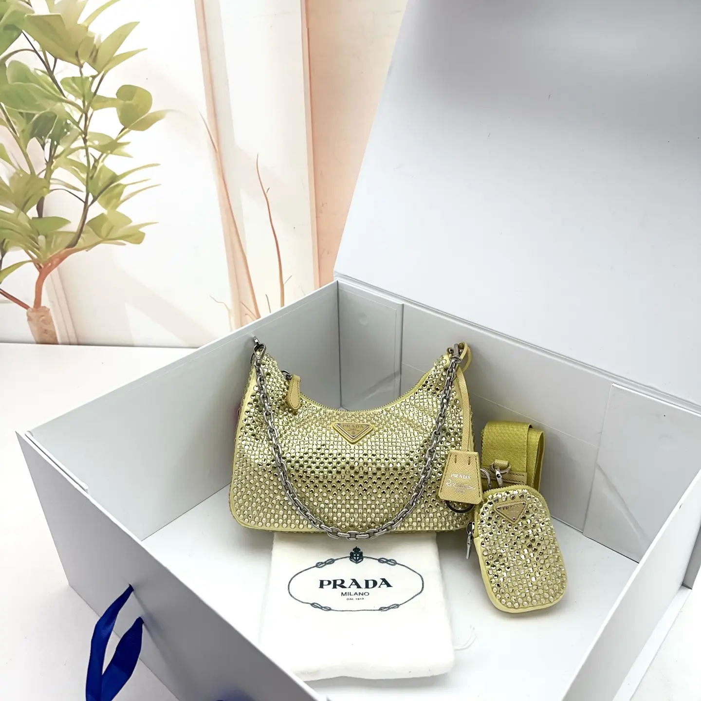 Pre-owned PRADA Yellow Crystal Embellished Re Edition 2005 Hobo Bag FO71822956262