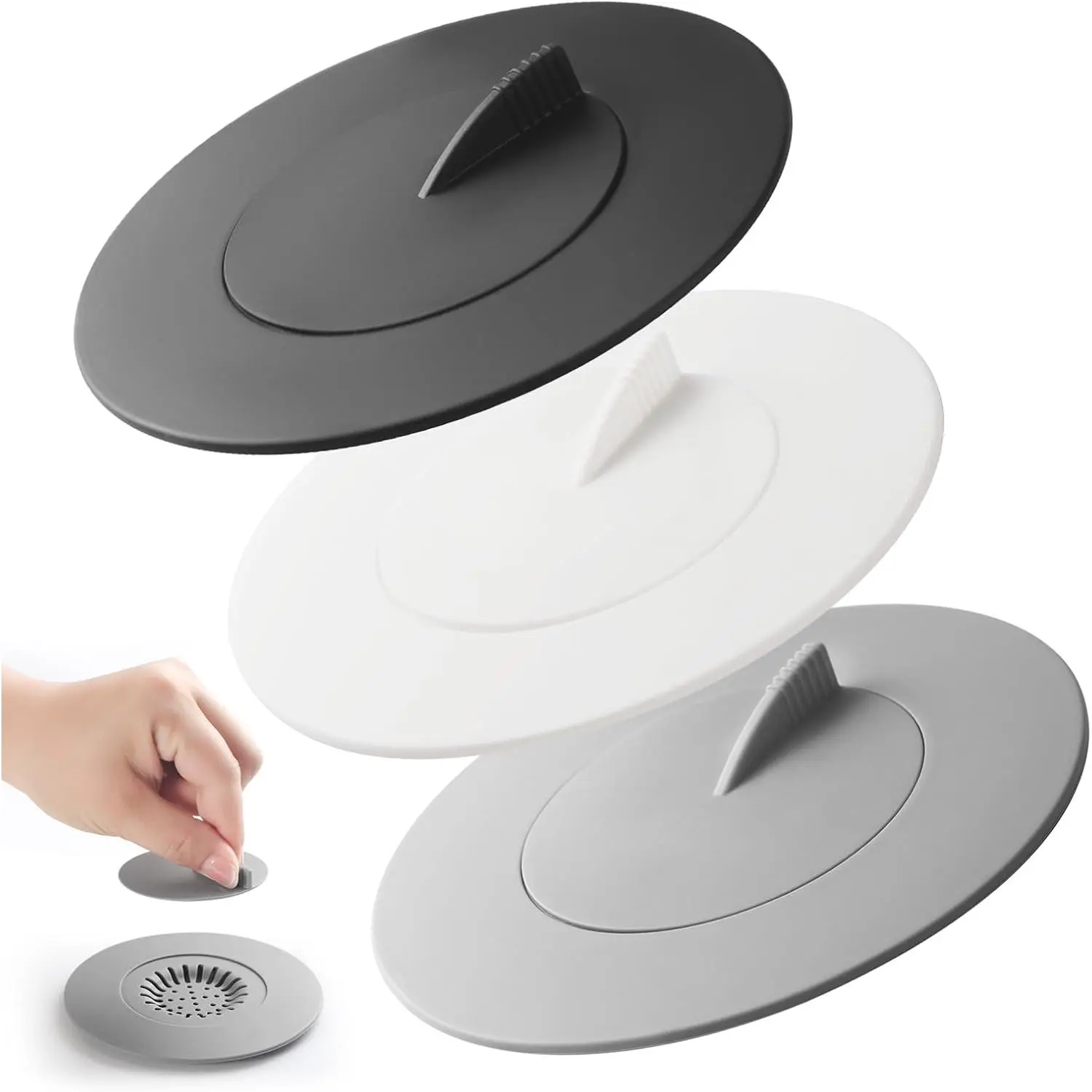 Bathtub Stopper Shower Drain Hair Catcher with Plug,2-in-1 Strainers Protectors Cover for Floor,Laundry,Kitchen and Bathroom,,Fit for 1.75"-3.0" Drain Hole,3 Pack (GreyWhiteBlack)