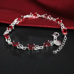 1piece Elegant 925 Sterling Silver Chain Bracelet with Red Garnet Pendants - Ideal for Women, Fashion, Parties, Engagement, Wedding, Birthday Gift, Wedding Bracelet |   Garnet Accent |   Durable Jewelry, Garnet Bracelet
