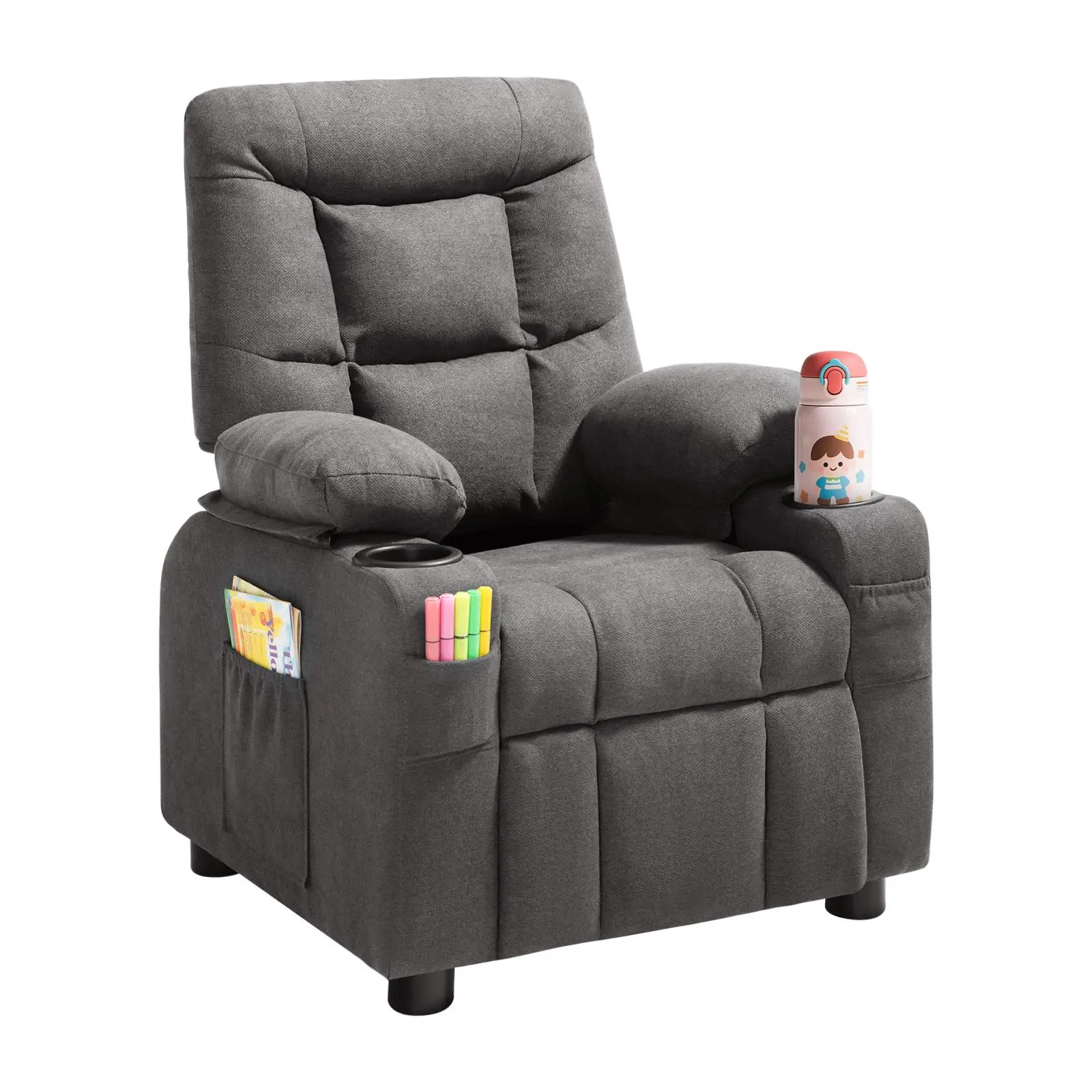 【SummerFinds】VEVOR Kids Recliner Chair, Toddler Lounger with Cup Holders & Pockets, 107° to 126° Adjustable Back, Breathable Polyester Upholstery Reclining Sofa with Foot-rest, for Boys and Girls, Children (Gray)