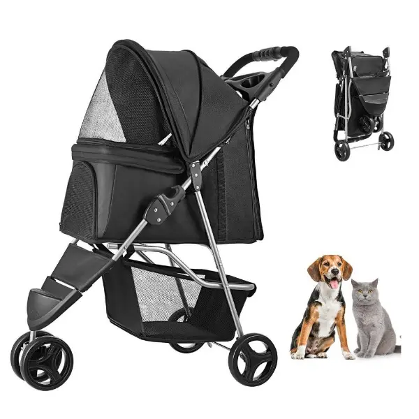 3-Wheel Foldable Pet Stroller for Dogs & Cats, Sturdy Durable Fabric & Metal Construction, 16kg/35lbs Capacity, Enclosed Breathable Mesh, Brake-Equipped, Spacious Comfortable Secure Transport, Ample Storage Basket, Easy Folding for Daily Outings & Travel