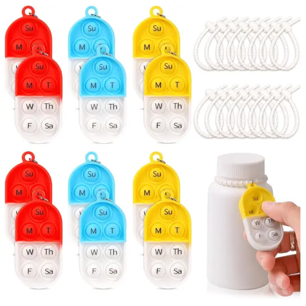 12 Pack Medication Pill Tracker Pill Reminder with Ties Reusable Daily Pill Tracker Portable Pill Bottle Tracker with Button 7 Day Memory Aid Medication Dose for Bottles The Elderly (12)
