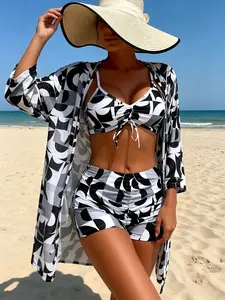 Women's 3-Piece Swimsuit Set - Geometric Print Bikini, High-Waisted Tummy Control Boy Shorts, Matching Cover Up, Bathing Suit Women Set for Beach Outfits
