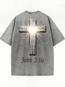 Men's & Women's Heavyweight Jesus T-Shirt - Oversized Christian Cross & Bible Verse (John 3:16) Print, Vintage Washed Pure Cotton Streetwear Tee Suitable for Church, Easter, Casual Wear, Unisex Faith Apparel for Christmas Gifts