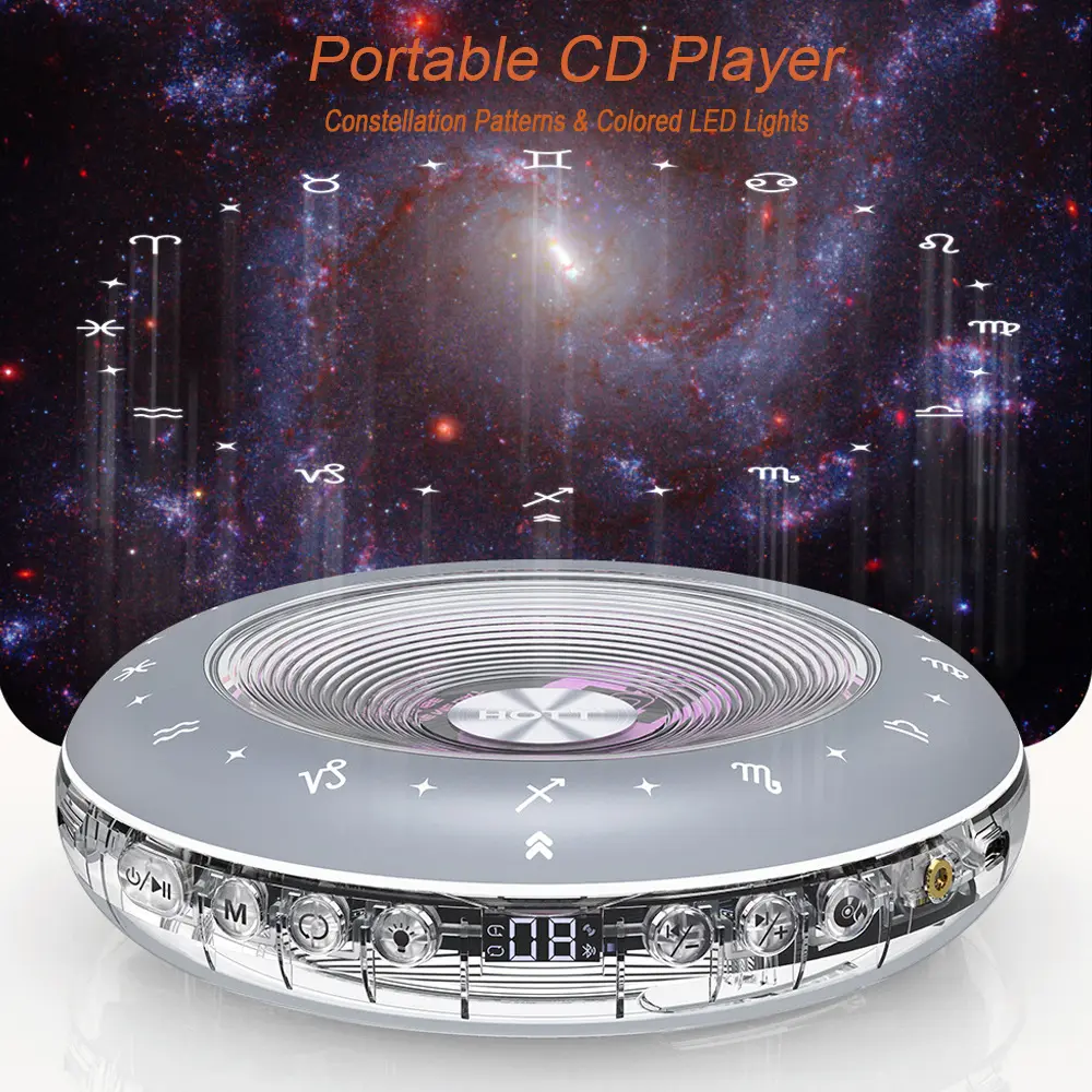 HOTT Wireless Mini Portable CD Player with Constellation Patterns LED Light, Rechargeable, ASP Shockproof, 3.5mm Audio/TF Card Port, Personal MP3/CD Music Disc Player