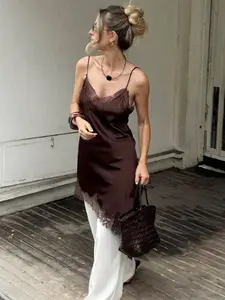 Womens Dresses Elegant Lace Asymmetric Spaghetti Strap Slip Dress Spring Summer 2026 Sexy V-Neck Off Shoulder Sleeveless Backless Vestidos Mujer Elegant Evening Prom Party Dress Chic Vacation Dresses, Lady Elegant Draped Style