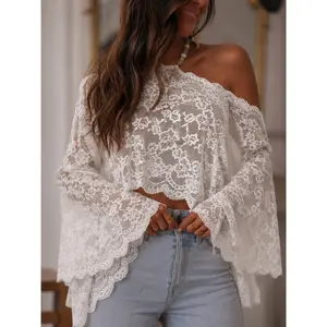 Woman's White Lace Top Off Shoulder Bell Sleeve Floral Pattern Soft Breathable Sexy Casual Summer Top For Beach Vacation Date Party Picnic Outdoor Shopping