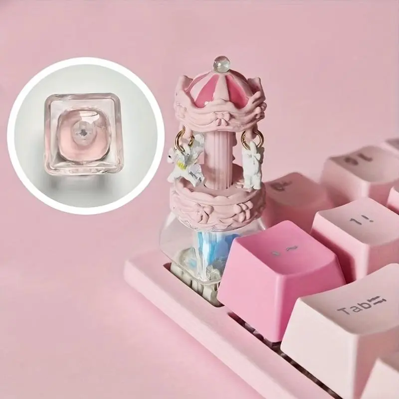 Handmade Cute Carousel Plastic Keycaps - Cherry MX Switch Replacements, Pastel Pink & White Floral Design, Durable for Mechanical Keyboards, Ideal Gift for Women