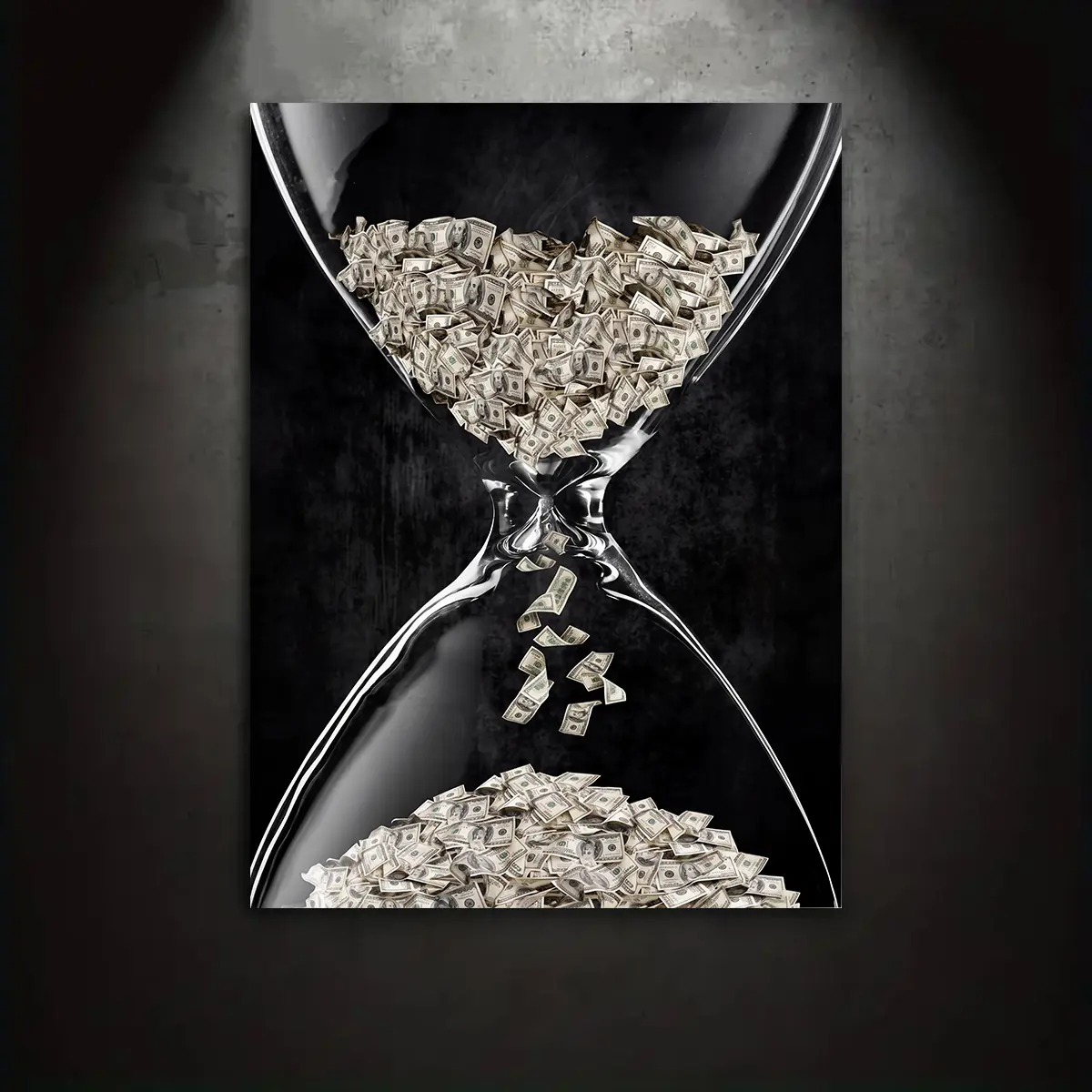 “Time Is Money” dollar hourglass black and white motivational minimalist artwork, 2D flat-print canvas wall art poster, wall decoration for home and bedroom, masculine bedroom décor, perfect gift for entrepreneurs’ bedrooms & workspaces