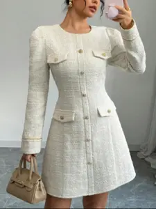 Elegant Vintage Long Sleeve Mini Dress, Womenswear, Round Neck, Buttons, Commuter Style, Formal, Perfect for Office Women Daily Wear