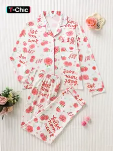 Women's Sweet Rose Letter Full-Print Pajama Sleepwear Set, Womenswear, Premium Smooth Fabric, Skin-Friendly Comfort, Loose Lightweight Button-Up Long Sleeve Top and Pants