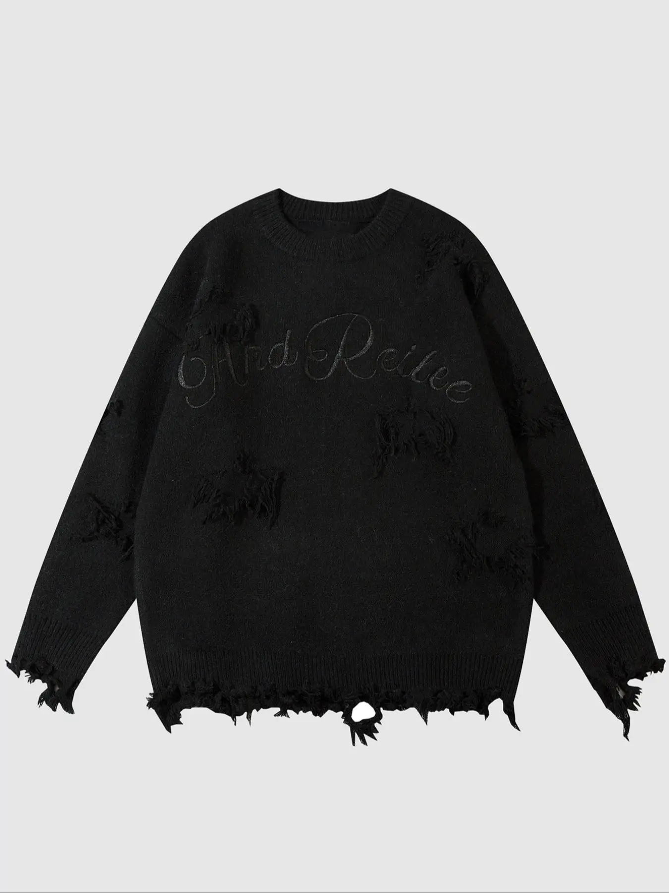 Men's Solid Letter Print Distressed Trim Sweater, Loose Casual Drop Shoulder Long Sleeve Jumper, Men Knit Top for Fall & Winter Daily Wear, Men's Clot