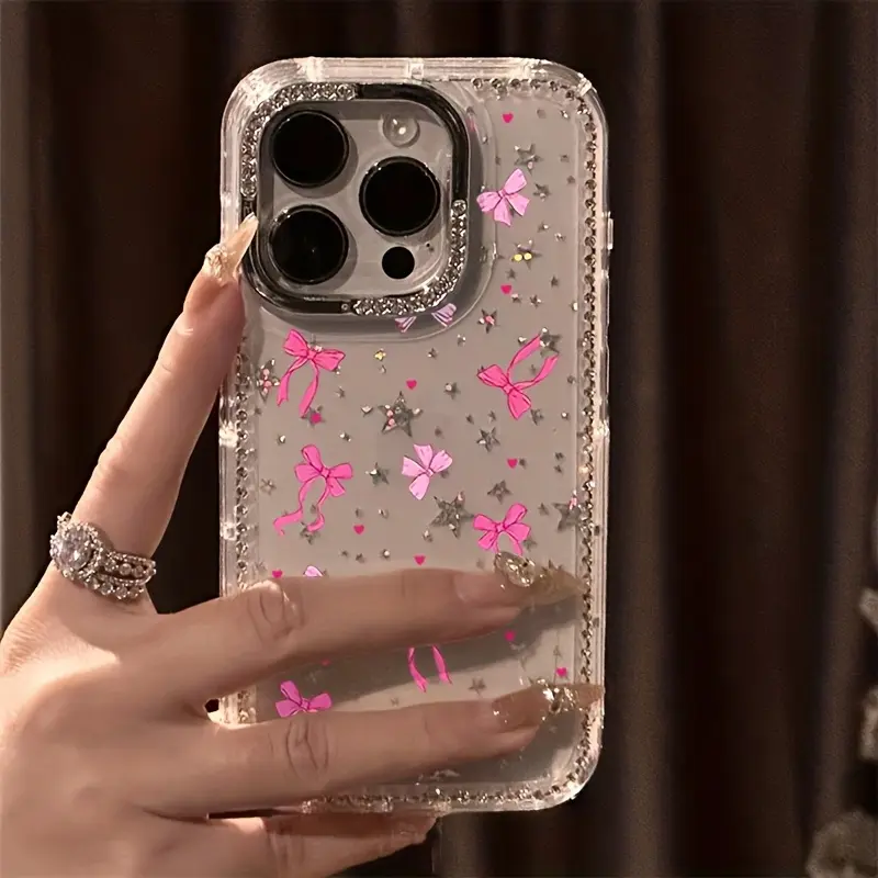 Luxury Heart Bow Rhinestone Shockproof Smartphone Case - Transparent Sparkling Frame Casing, Anti-Drop Accessory for Women, Compatible with iPhone 18 Pro Max/Air,17 Pro Max/Air,16/15/14 Plus,13/12/11, Christmas Gift