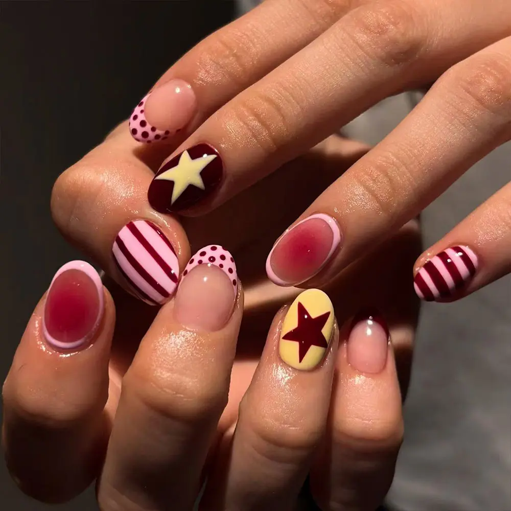 24pcs Short Oval Plum Color French Nail Set, French Tip, Star Stripe Design, Polka Dot, Nail Art Design Acrylic False Nails, Perfect Fit for Women and Girls
