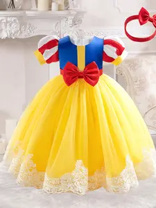 Yellow Cartoon Cosplay Dress Up Costume Fancy Carnival Party Holiday Kids Clothes Princess Girls Bow Mesh Ball Gown Children Cocktail Dress for all Season 5 to 8 Years