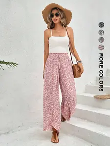 Women's High-Waisted Wide-Leg Pants, Adjustable Drawstring Waist, Loose Fit, All-Over Print Floral, Comfortable Casual Long Pants for Summer