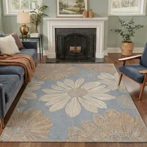 【Deals For You Days】GENIMO Washable Rugs for Living Room Non Slip Low Pile Lightweight Area Rugs, Blooms Floral Print Pattern Rug for Bedroom Dining Room Home Office Indoor, Orange Blue
